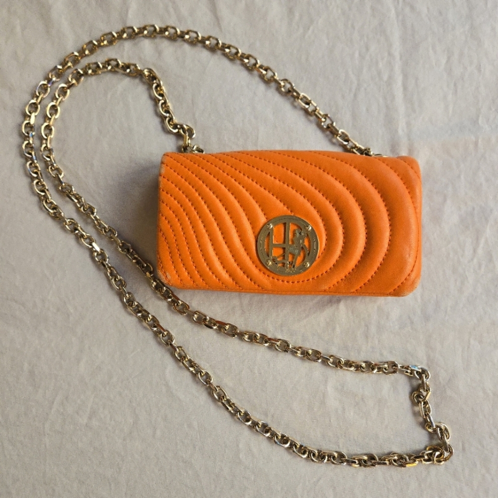 Henri Bendel no 7 Orange Quilted Leather Crossbody Gold Chain Strap Purse